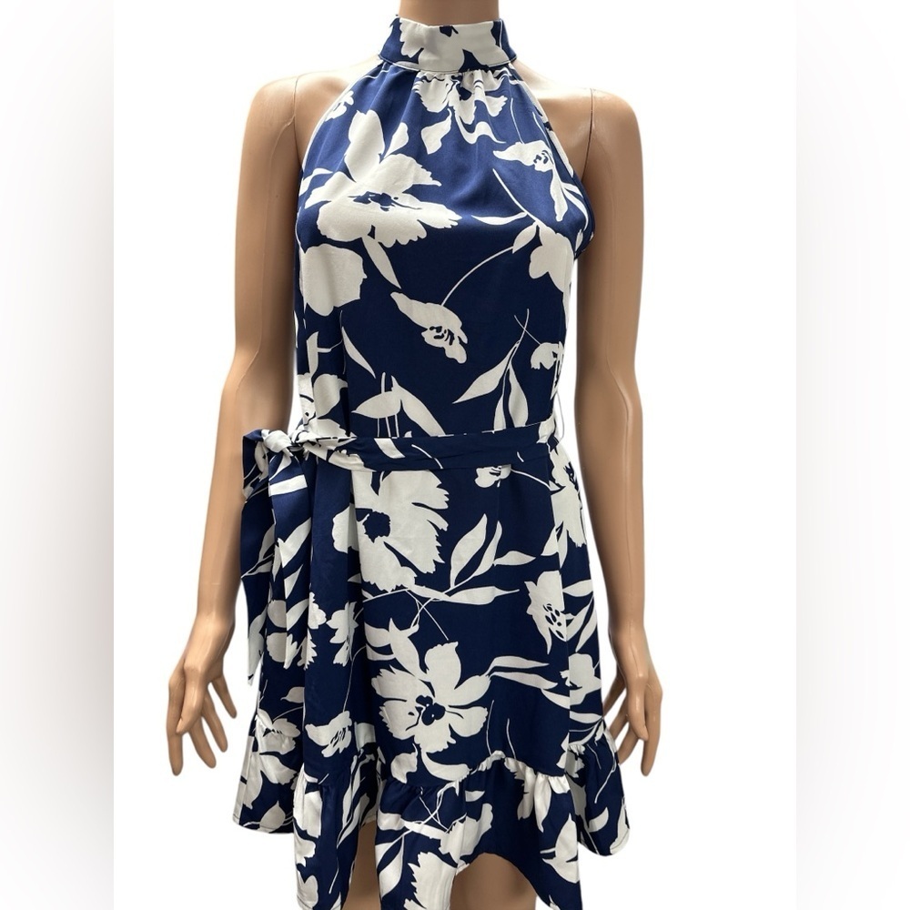 Shein - New in Bag - Mock Neck Halter Floral Navy and White Dress